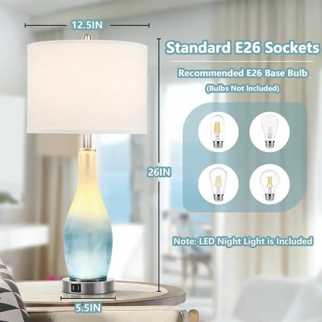 Alt view image 5 of 7 - 26in Tall Glass Table Lamps Set of 2 with 2 USB Charging Ports & LED Nightlight, Large Coastal Table Lamps for Living Room End Table, Modern Beach Lamps for Bedroom Bedside Nightstand, Blue