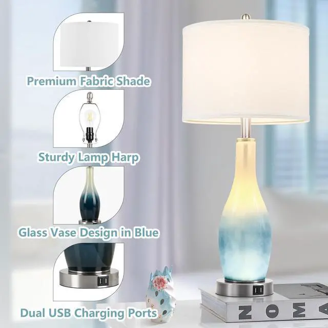 Alt view image 6 of 7 - 26in Tall Glass Table Lamps Set of 2 with 2 USB Charging Ports & LED Nightlight, Large Coastal Table Lamps for Living Room End Table, Modern Beach Lamps for Bedroom Bedside Nightstand, Blue