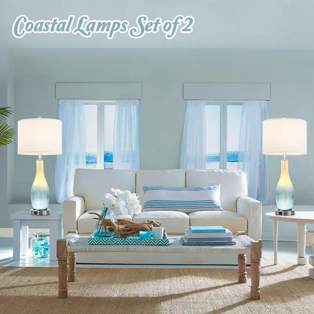 Alt view image 7 of 7 - 26in Tall Glass Table Lamps Set of 2 with 2 USB Charging Ports & LED Nightlight, Large Coastal Table Lamps for Living Room End Table, Modern Beach Lamps for Bedroom Bedside Nightstand, Blue
