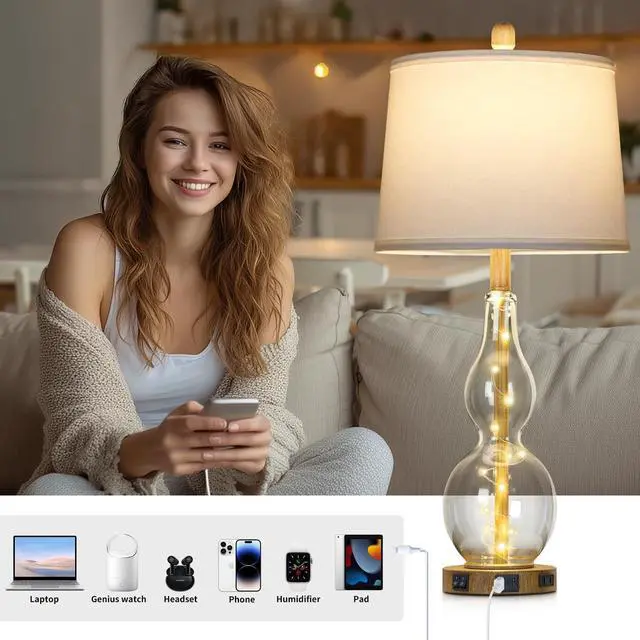 Alt view image 3 of 7 - 27.5" Clear Glass Table Lamp Set of 2 with Night Light,Bedside Lamps with USB Ports and AC Outlet, Modern Nightstand Lamps Retro Farmhouse lamp for Bedroom Living Room