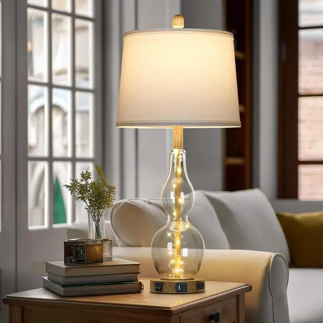 Alt view image 2 of 7 - 27.5" Clear Glass Table Lamp Set of 2 with Night Light,Bedside Lamps with USB Ports and AC Outlet, Modern Nightstand Lamps Retro Farmhouse lamp for Bedroom Living Room