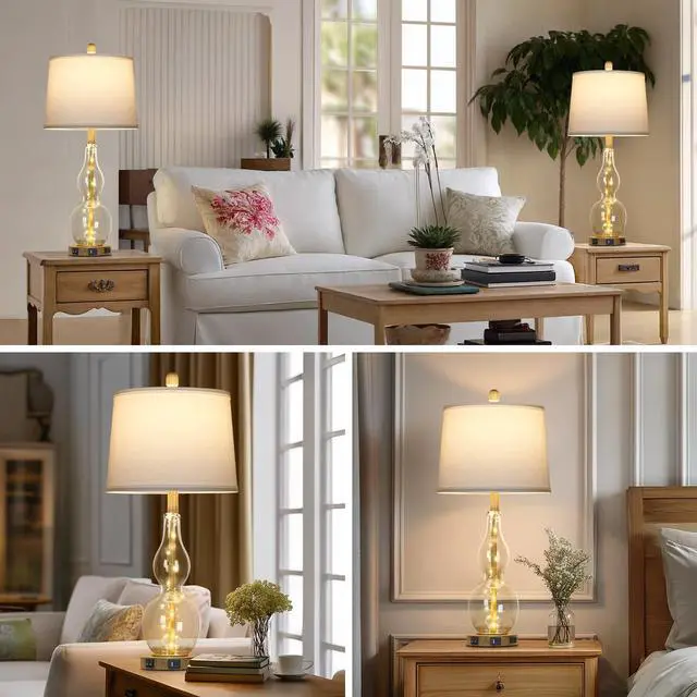 Alt view image 4 of 7 - 27.5" Clear Glass Table Lamp Set of 2 with Night Light,Bedside Lamps with USB Ports and AC Outlet, Modern Nightstand Lamps Retro Farmhouse lamp for Bedroom Living Room