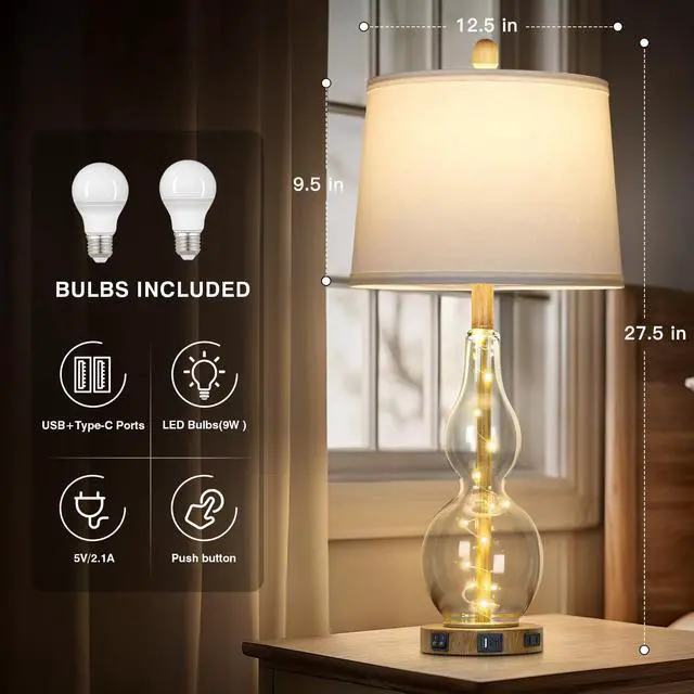 Alt view image 5 of 7 - 27.5" Clear Glass Table Lamp Set of 2 with Night Light,Bedside Lamps with USB Ports and AC Outlet, Modern Nightstand Lamps Retro Farmhouse lamp for Bedroom Living Room