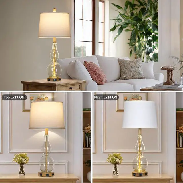 Alt view image 6 of 7 - 27.5" Clear Glass Table Lamp Set of 2 with Night Light,Bedside Lamps with USB Ports and AC Outlet, Modern Nightstand Lamps Retro Farmhouse lamp for Bedroom Living Room