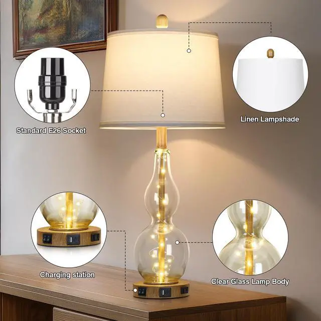 Alt view image 7 of 7 - 27.5" Clear Glass Table Lamp Set of 2 with Night Light,Bedside Lamps with USB Ports and AC Outlet, Modern Nightstand Lamps Retro Farmhouse lamp for Bedroom Living Room