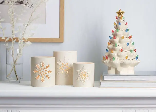 Alt view image 4 of 6 - Figurine, Treasured Traditions Ivory Light-Up Ceramic Christmas Tree Figurine, Christmas Decorations, Holiday Winter Decor Indoor (Ivory, 1 Piece, 8.82-Inch Height) 3 AAA Batteries Not Included