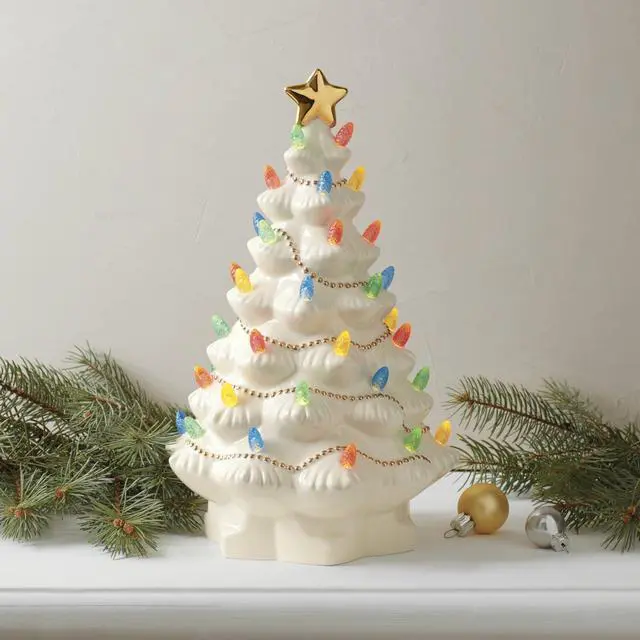 Alt view image 5 of 6 - Figurine, Treasured Traditions Ivory Light-Up Ceramic Christmas Tree Figurine, Christmas Decorations, Holiday Winter Decor Indoor (Ivory, 1 Piece, 8.82-Inch Height) 3 AAA Batteries Not Included