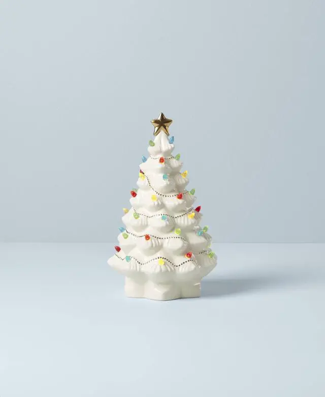 Alt view image 3 of 6 - Figurine, Treasured Traditions Ivory Light-Up Ceramic Christmas Tree Figurine, Christmas Decorations, Holiday Winter Decor Indoor (Ivory, 1 Piece, 8.82-Inch Height) 3 AAA Batteries Not Included