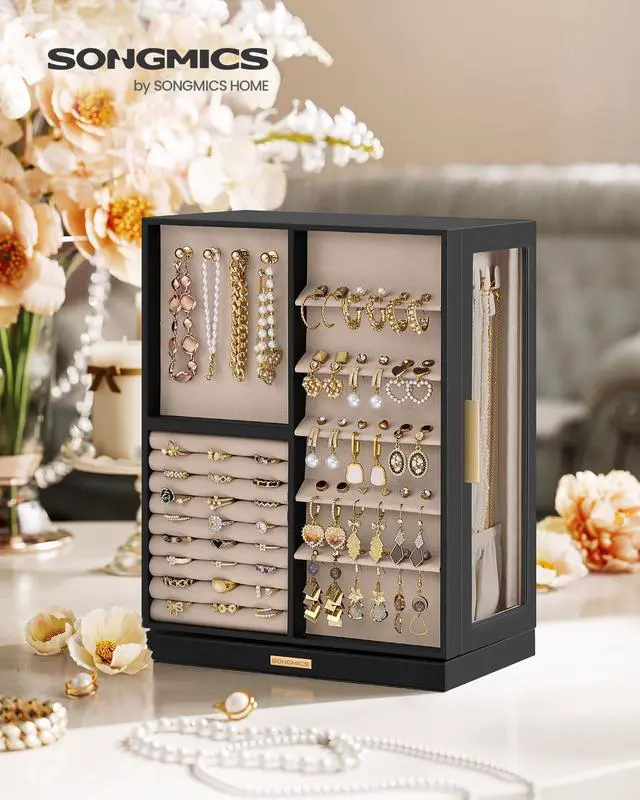 Alt view image 2 of 6 - Jewelry Box 360° Rotating, Jewelry Storage Case with 7 Drawers, Jewelry Organizer, Glass Window, Spacious, Vertical Jewelry Storage, Open Design, Christmas Gift, Ink Black UJBC201B01