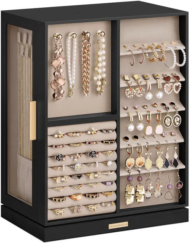 Main image of Jewelry Box 360° Rotating, Jewelry Storage Case with 7 Drawers, Jewelry Organizer, Glass Window, Spacious, Vertical Jewelry Storage, Open Design, Christmas Gift, Ink Black UJBC201B01