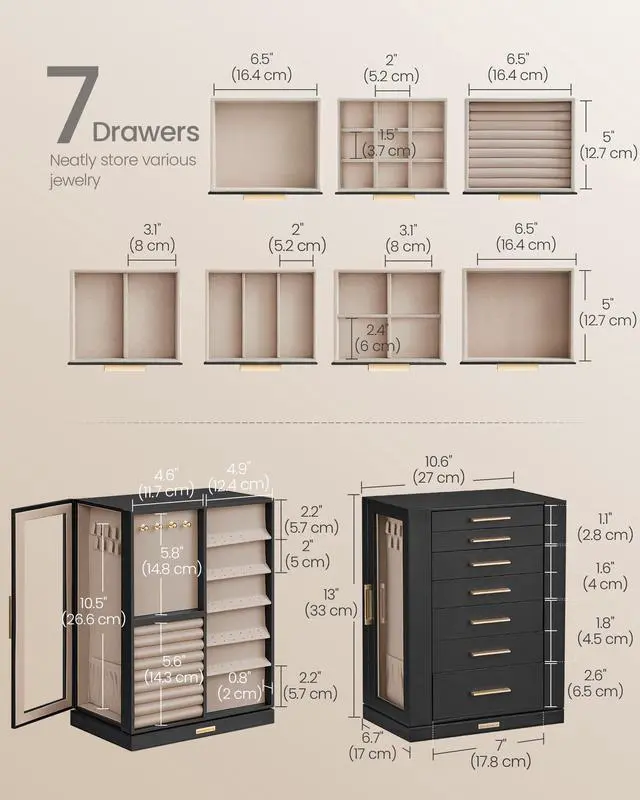 Alt view image 4 of 6 - Jewelry Box 360° Rotating, Jewelry Storage Case with 7 Drawers, Jewelry Organizer, Glass Window, Spacious, Vertical Jewelry Storage, Open Design, Christmas Gift, Ink Black UJBC201B01