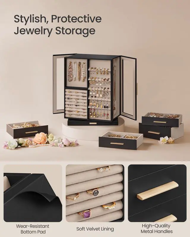Alt view image 5 of 6 - Jewelry Box 360° Rotating, Jewelry Storage Case with 7 Drawers, Jewelry Organizer, Glass Window, Spacious, Vertical Jewelry Storage, Open Design, Christmas Gift, Ink Black UJBC201B01