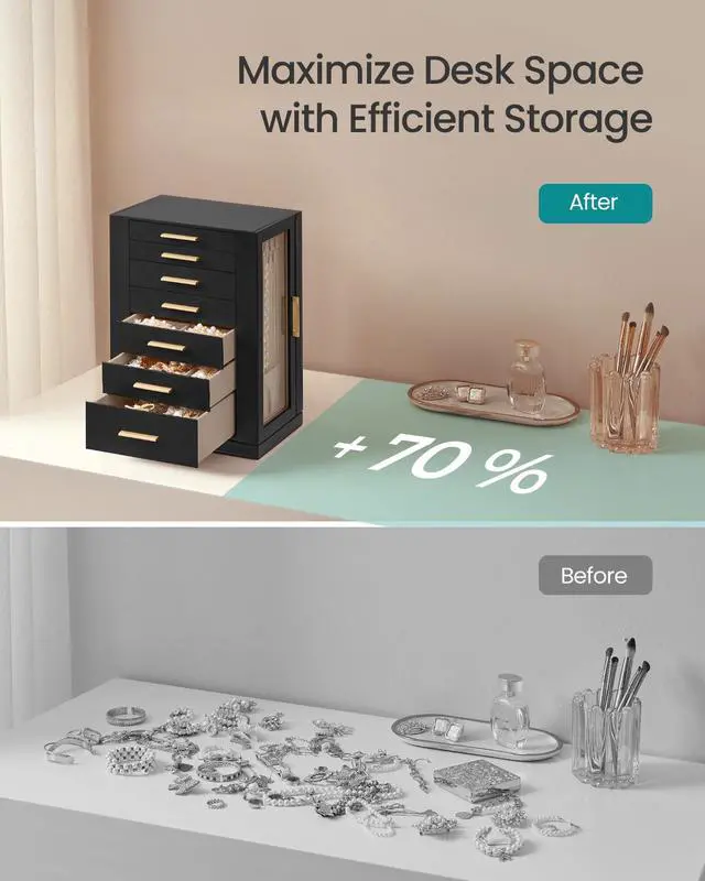 Alt view image 6 of 6 - Jewelry Box 360° Rotating, Jewelry Storage Case with 7 Drawers, Jewelry Organizer, Glass Window, Spacious, Vertical Jewelry Storage, Open Design, Christmas Gift, Ink Black UJBC201B01