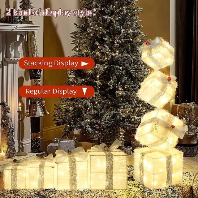 Alt view image 2 of 7 - Christmas Lighted Gift Boxes Decorations Set of 4, 3.6Ft Stackable Christmas Nesting Boxes Battery Operated with Timer for Home and Party Decoration