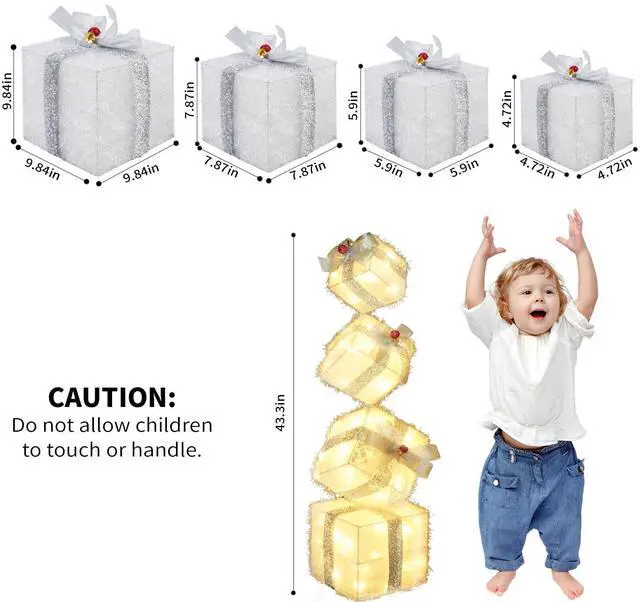 Alt view image 3 of 7 - Christmas Lighted Gift Boxes Decorations Set of 4, 3.6Ft Stackable Christmas Nesting Boxes Battery Operated with Timer for Home and Party Decoration