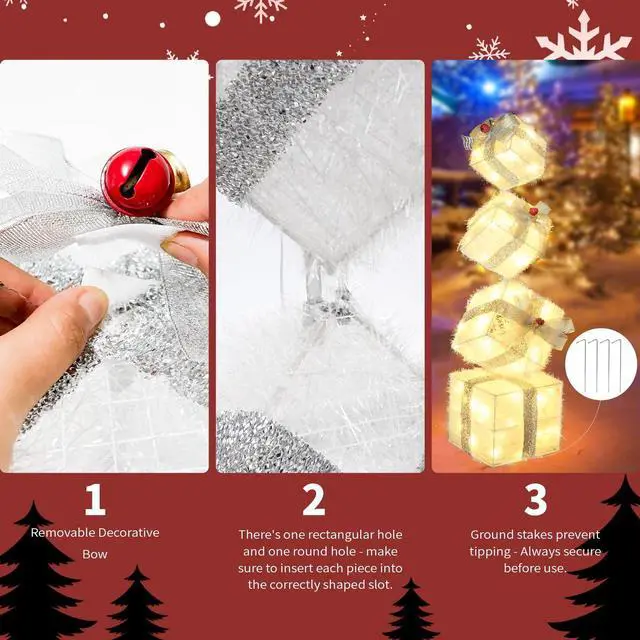 Alt view image 4 of 7 - Christmas Lighted Gift Boxes Decorations Set of 4, 3.6Ft Stackable Christmas Nesting Boxes Battery Operated with Timer for Home and Party Decoration