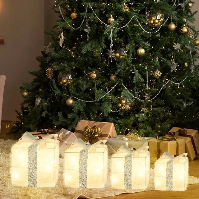 Alt view image 7 of 7 - Christmas Lighted Gift Boxes Decorations Set of 4, 3.6Ft Stackable Christmas Nesting Boxes Battery Operated with Timer for Home and Party Decoration