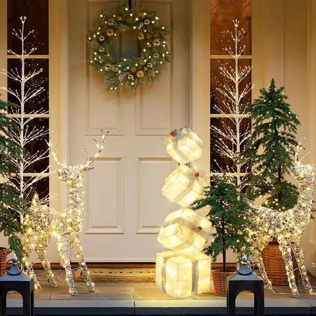 Alt view image 6 of 7 - Christmas Lighted Gift Boxes Decorations Set of 4, 3.6Ft Stackable Christmas Nesting Boxes Battery Operated with Timer for Home and Party Decoration