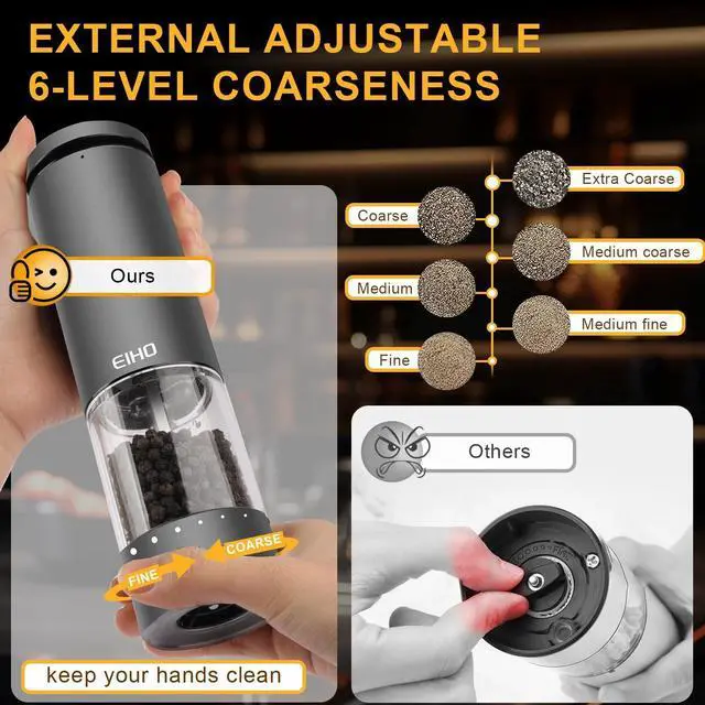 Alt view image 2 of 7 - Electric Salt and Pepper Grinder Set Rechargeable, External Adjustable Coarseness, Automatic Salt & Pepper Shakers Mills, Kitchen Gadgets,Stocking Stuffers Christmas Cooking Gifts for Adults Men Women