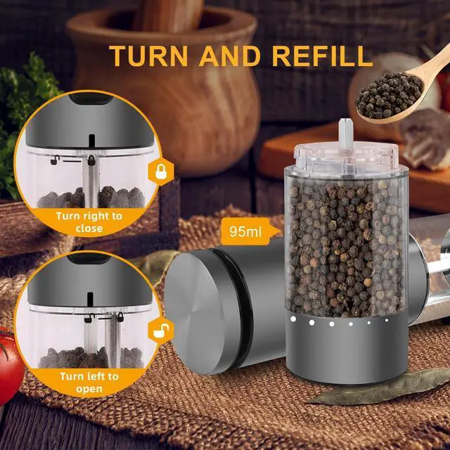 Alt view image 5 of 7 - Electric Salt and Pepper Grinder Set Rechargeable, External Adjustable Coarseness, Automatic Salt & Pepper Shakers Mills, Kitchen Gadgets,Stocking Stuffers Christmas Cooking Gifts for Adults Men Women
