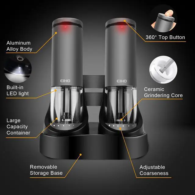 Alt view image 6 of 7 - Electric Salt and Pepper Grinder Set Rechargeable, External Adjustable Coarseness, Automatic Salt & Pepper Shakers Mills, Kitchen Gadgets,Stocking Stuffers Christmas Cooking Gifts for Adults Men Women