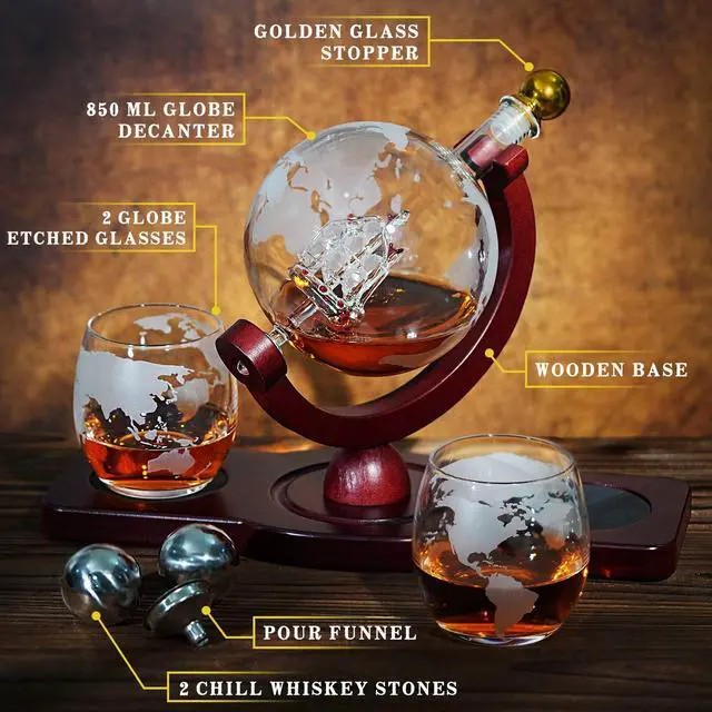Alt view image 6 of 7 - Gifts for Men Dad Christmas, Whiskey Decanter Globe Set with 2 Ball Stones & 2 Glasses, Anniversary Birthday Gifts for Him Husband Boyfriend Brother, Cool Stuff Gift for Bourbon Scotch