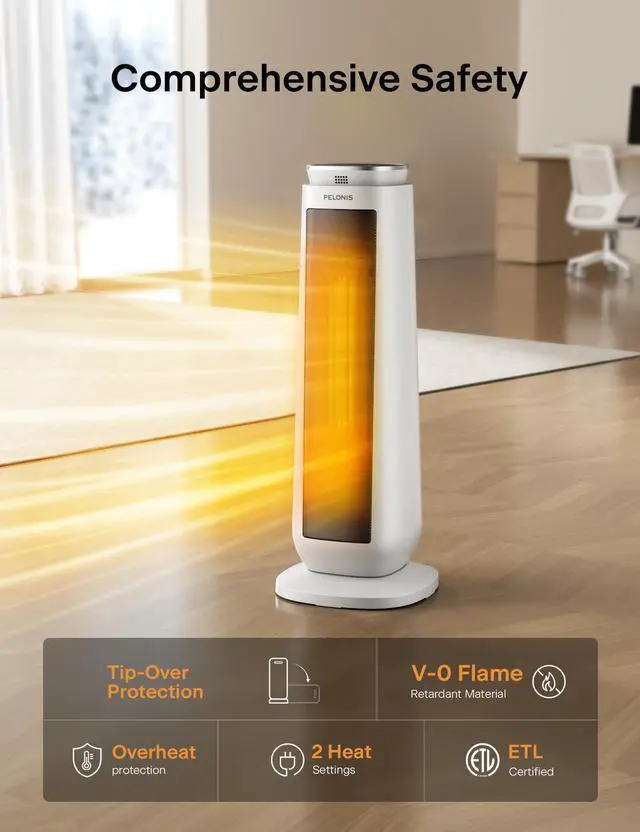 Alt view image 5 of 5 - 23 Oscillating Ceramic Tower Space Heater with Remote & Thermostat, Electric Energy Efficient Floor Heater for Indoor Use Large Room Safe with Timer, ECO Mode, 1500W, White