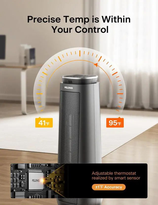 Alt view image 4 of 5 - PTH15A4BGB Ceramic Tower 1500W Indoor Space Heater with Oscillation, Remote Control, Programmable Thermostat & 8H Timer, ECO Mode, Tip-Over Switch & Overheating Protection, Gray