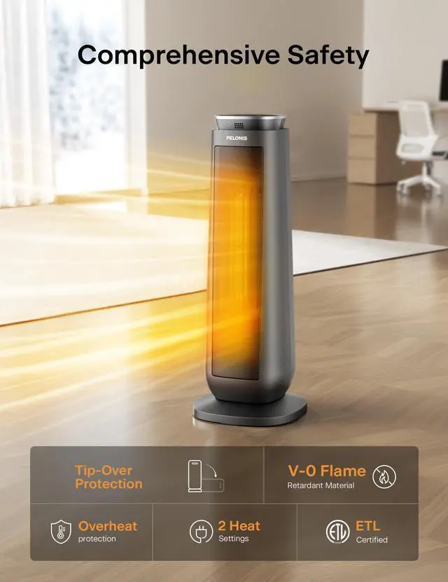 Alt view image 5 of 5 - PTH15A4BGB Ceramic Tower 1500W Indoor Space Heater with Oscillation, Remote Control, Programmable Thermostat & 8H Timer, ECO Mode, Tip-Over Switch & Overheating Protection, Gray