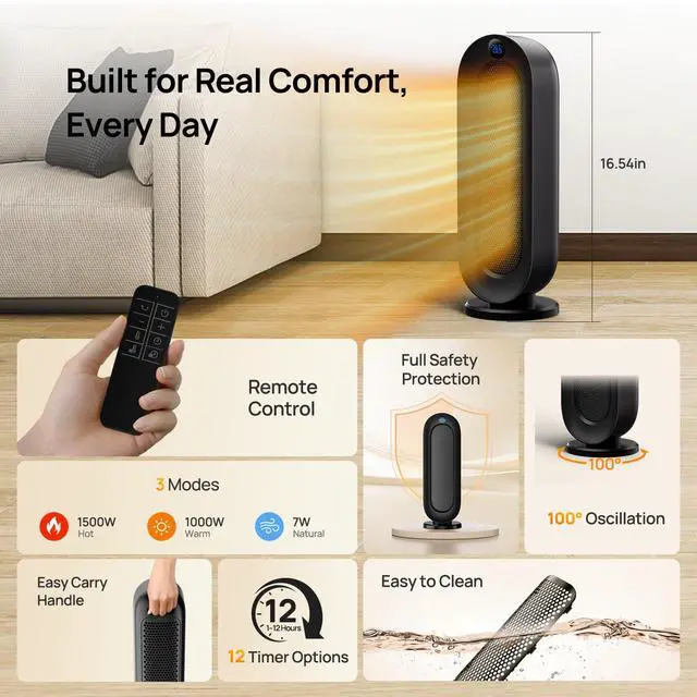Alt view image 7 of 7 - Space Heater for Indoor Use, 1500W Electric Heaters with 100° Oscillation, 1-12H Timer, Remote, Tower Heater Quick 2s PTC Ceramic Heating, Safety Heater for Office, Bedroom, Large Room (Black)