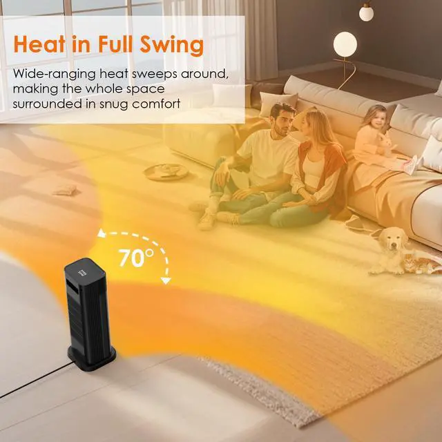 Alt view image 4 of 7 - Minthouz Space Heater - 1500W PTC Ceramic Tower Heaters for Indoor Use with Adjustable Thermostat, Timer and Remote Control, Quick 1s Heat-up 70° Oscillation Electric Heater for Office, Bedroom, Room