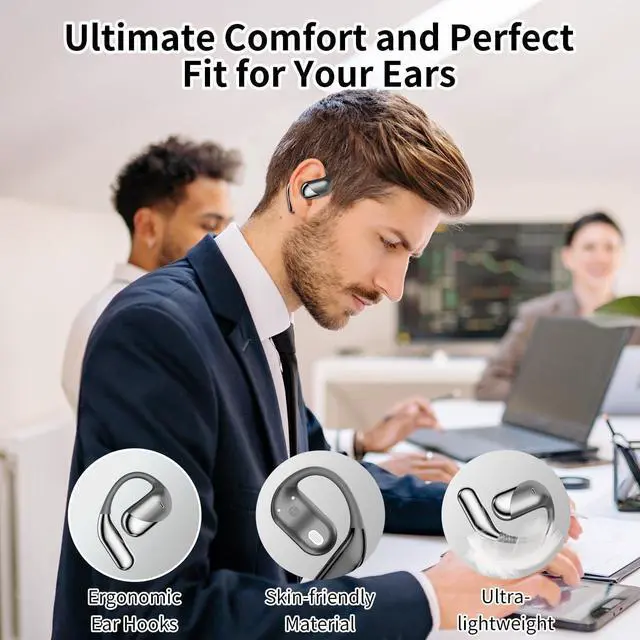 Alt view image 4 of 7 - Open Ear Clip Wireless Earbuds Bone Conduction Headphones, Bluetooth 5.4, Open Ear Design, Built-in Mic, IPX7 Waterproof, LED Display Charging Case,Ear Hooks Ear Buds,Design for Running Walking