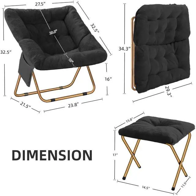 Alt view image 2 of 6 - Comfy Saucer Chair, Foldable Living Room Chairs, Soft Faux Fur Lounge Chair for Bedroom, Reading Chairs for Adults,Teens, X-Large (Black)