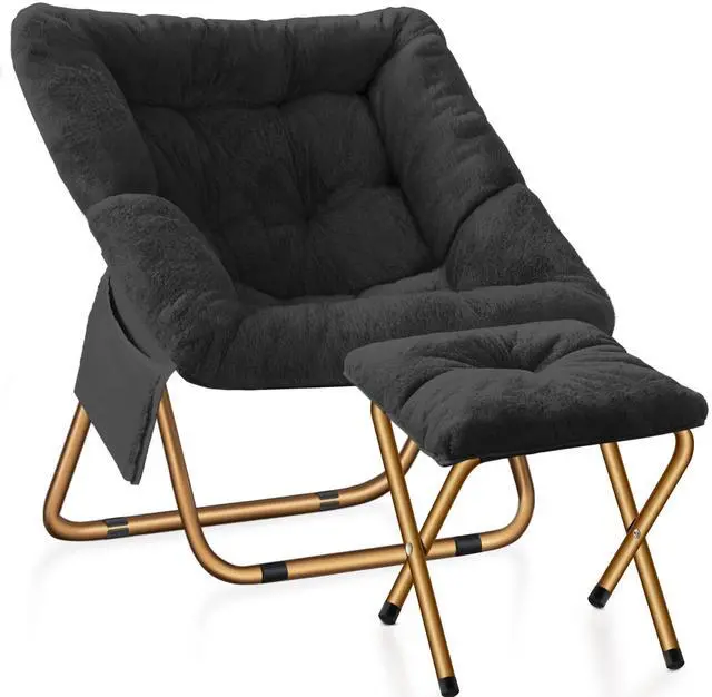 Main image of Comfy Saucer Chair, Foldable Living Room Chairs, Soft Faux Fur Lounge Chair for Bedroom, Reading Chairs for Adults,Teens, X-Large (Black)