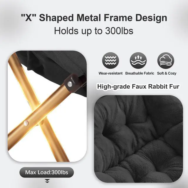 Alt view image 3 of 6 - Comfy Saucer Chair, Foldable Living Room Chairs, Soft Faux Fur Lounge Chair for Bedroom, Reading Chairs for Adults,Teens, X-Large (Black)