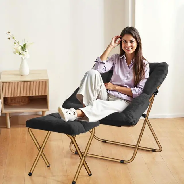 Alt view image 4 of 6 - Comfy Saucer Chair, Foldable Living Room Chairs, Soft Faux Fur Lounge Chair for Bedroom, Reading Chairs for Adults,Teens, X-Large (Black)