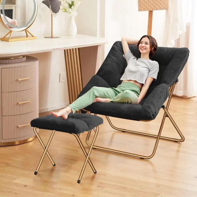 Alt view image 5 of 6 - Comfy Saucer Chair, Foldable Living Room Chairs, Soft Faux Fur Lounge Chair for Bedroom, Reading Chairs for Adults,Teens, X-Large (Black)