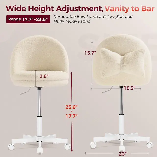 Alt view image 2 of 7 - Velvet Tall Office Chair with Wheels Vanity Chairs with Back, Versatile Height Use: Office to Bar Stools Small Ergonomic Comfy Armlees Computer Desk Chair with Bow Lumbar Pillow for Gift