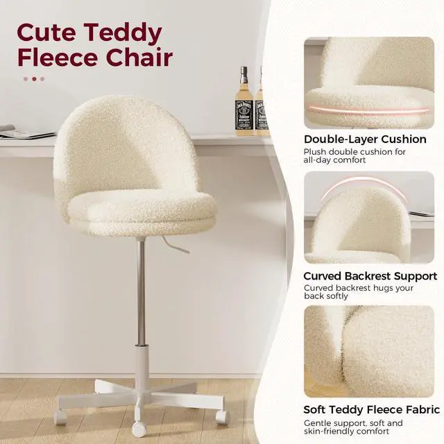 Alt view image 4 of 7 - Velvet Tall Office Chair with Wheels Vanity Chairs with Back, Versatile Height Use: Office to Bar Stools Small Ergonomic Comfy Armlees Computer Desk Chair with Bow Lumbar Pillow for Gift