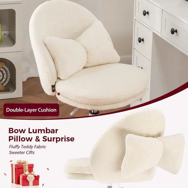 Alt view image 5 of 7 - Velvet Tall Office Chair with Wheels Vanity Chairs with Back, Versatile Height Use: Office to Bar Stools Small Ergonomic Comfy Armlees Computer Desk Chair with Bow Lumbar Pillow for Gift