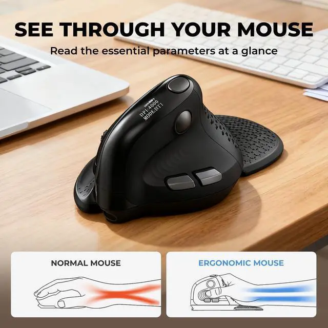 Alt view image 5 of 7 - Seeker Wireless Ergonomic Vertical Mouse with OLED Screen, BT and USB Receiver, Connect with Up to 4 Devices, Thumb Wheel, 4000DPI, Programmable Rechargeable Silent Mouse(M618XSD-Black)