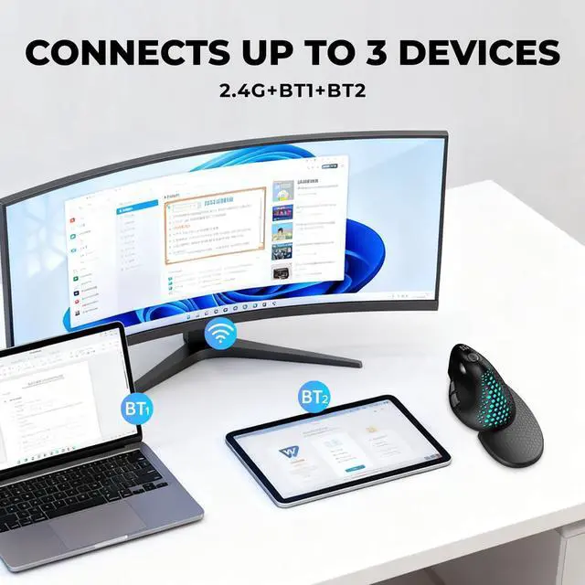 Alt view image 7 of 7 - Seeker Wireless Ergonomic Vertical Mouse with OLED Screen, BT and USB Receiver, Connect with Up to 4 Devices, Thumb Wheel, 4000DPI, Programmable Rechargeable Silent Mouse(M618XSD-Black)