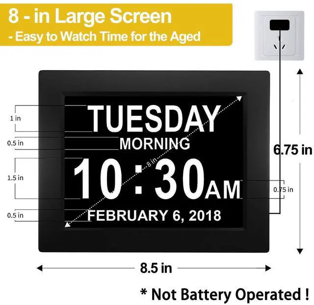 Alt view image 2 of 5 - New 2024 Digital Calendar Alarm Day Clock - with 8" Large Screen Display, am pm, Multiple Alarms, for Impaired Vision People, The Aged Seniors, The Dementia, for Desk, Wall Mounted, Black