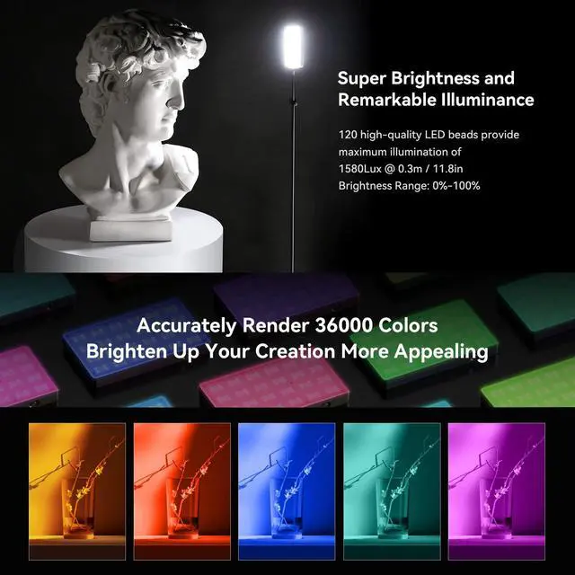Alt view image 7 of 7 - RM120 RGB Video Light, 5000mAh 180 Minutes Portable Camera Light 7W Output Power, LED Video Light Panel, 2500-8500K CRI TLCI 98+ for TikTok, Content Creator, Photographer
