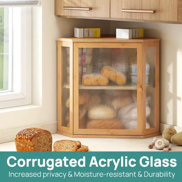 Alt view image 3 of 7 - Corner Bread Box for Kitchen Counter, Bamboo Wood Large Capacity Bread Storage Bin with Acrylic Wavy Door Panel (Natural, Extra Large)