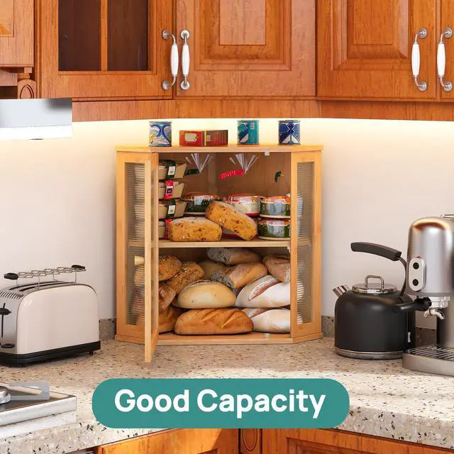 Alt view image 4 of 7 - Corner Bread Box for Kitchen Counter, Bamboo Wood Large Capacity Bread Storage Bin with Acrylic Wavy Door Panel (Natural, Extra Large)