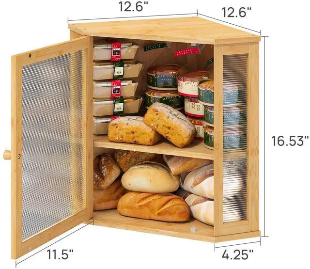 Alt view image 6 of 7 - Corner Bread Box for Kitchen Counter, Bamboo Wood Large Capacity Bread Storage Bin with Acrylic Wavy Door Panel (Natural, Extra Large)