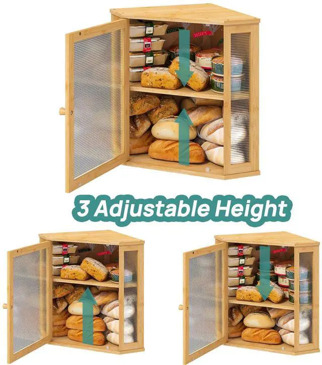 Alt view image 5 of 7 - Corner Bread Box for Kitchen Counter, Bamboo Wood Large Capacity Bread Storage Bin with Acrylic Wavy Door Panel (Natural, Extra Large)