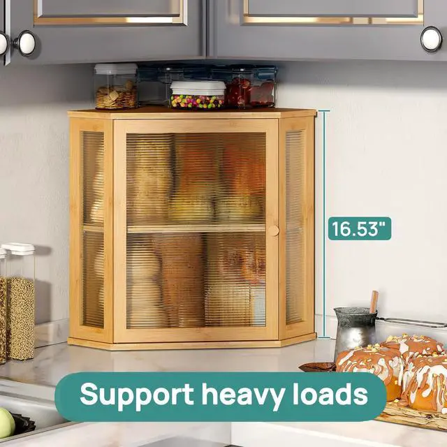 Alt view image 7 of 7 - Corner Bread Box for Kitchen Counter, Bamboo Wood Large Capacity Bread Storage Bin with Acrylic Wavy Door Panel (Natural, Extra Large)