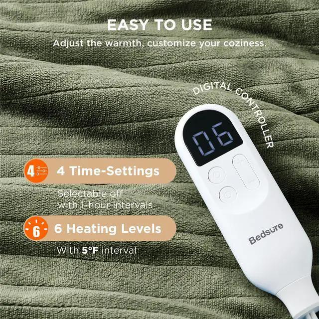 Alt view image 2 of 6 - Heated Blanket Throw Blanket - Fast Heating Electric Blanket, Soft Flannel Heated Throw with 4 Time Settings, 6 Heating Settings, Warm Gifts for Grandma (50x60 inches, Olive Green)